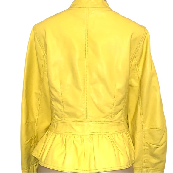 INC Peplum Ruffled Faux Leather Pocketed Cropped Bold Yellow Zip Up Jacket - Picture 3 of 8